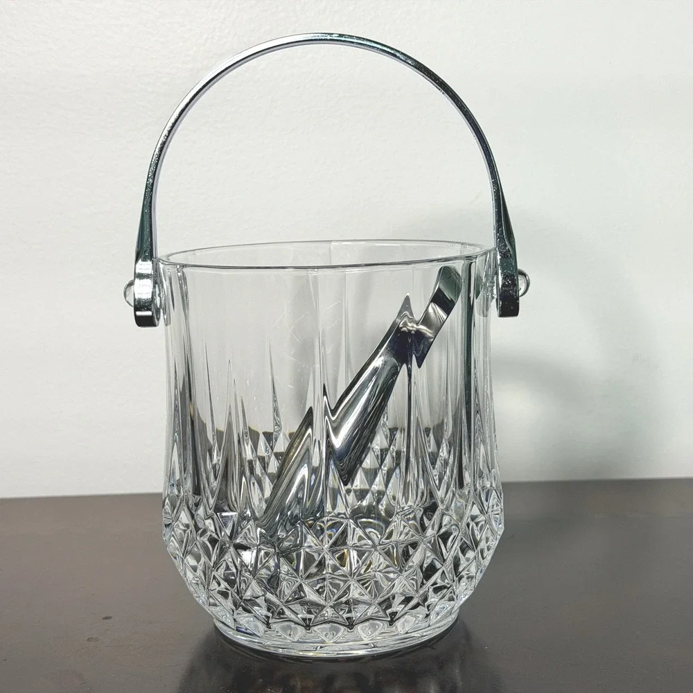 Vintage Cut Crystal Ice Bucket Chrome Handle & Tongs Starburst MCM Barware 5